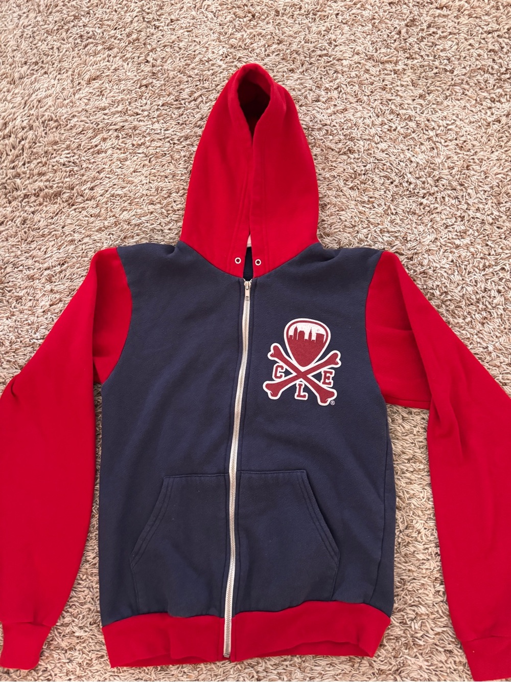 American Apparel Red and Navy Zip Hoodie with Skull Logo